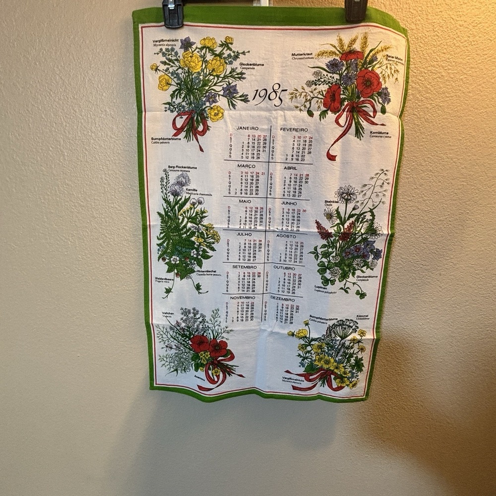 1985 Vintage Portuguese Linen Cloth Calendar Tea Towel Wall Hanging Flowers Rare - Picture 2 of 15